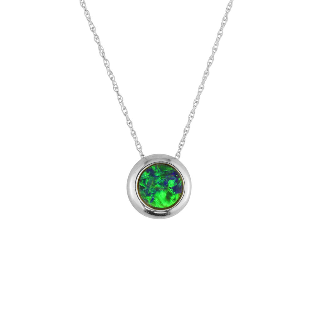 14K WHITE GOLD BEZEL PENDANT WITH ONE 0.64CT ROUND AUSTRALIAN OPAL DOUBLET 18