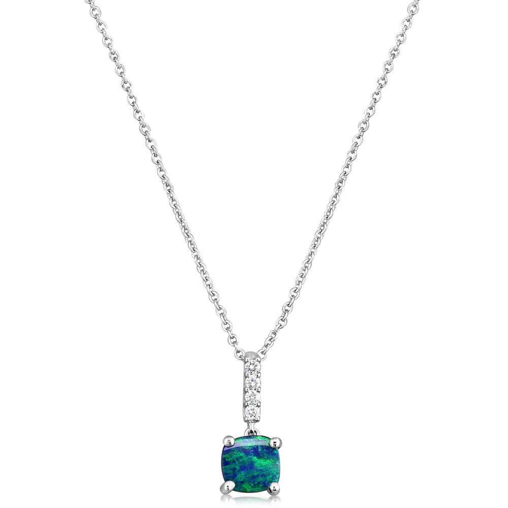 14K WHITE GOLD PENDANT WITH ONE 0.75CT CUSHION AUSTRALIAN OPAL DOUBLET AND 4=0.06TW ROUND H-I SI2 DIAMONDS 18