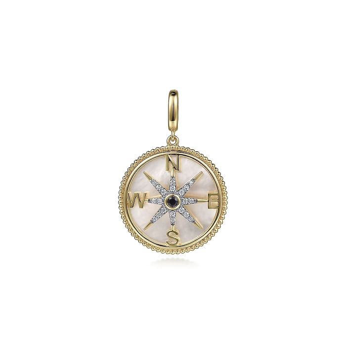 14K YELLOW GOLD BEADED COMPASS PENDANT WITH ONE 4.58CT ROUND MOTHER OF PEARL  ONE 0.07CT ROUND BLUE SAPPHIRE  AND 20=0.15TW ROUND H SI2 DIAMONDS   (6.56 GRAMS)