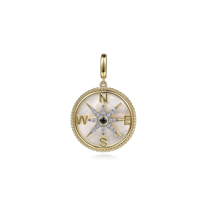 14K YELLOW GOLD BEADED COMPASS PENDANT WITH ONE 4.56CT ROUND MOTHER OF PEARL  ONE 0.07CT ROUND BLUE SAPPHIRE  AND 20=0.15TW ROUND H SI2 DIAMONDS   (6.70 GRAMS)