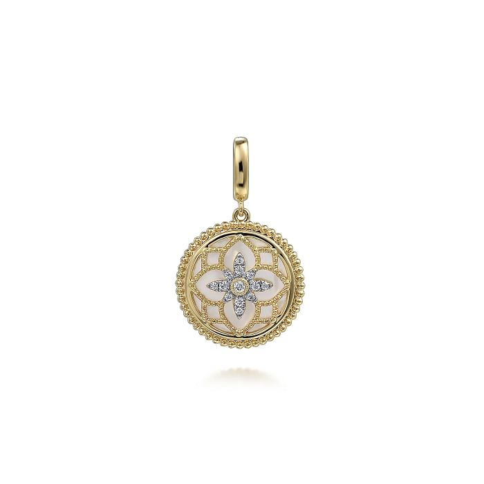 14K YELLOW GOLD BEADED FLORAL MEDALLION PENDANT WITH ONE 1.78CT RD MOTHER OF PEARL AND 13=0.09TW ROUND H SI2 DIAMONDS   (4.86 GRAMS)