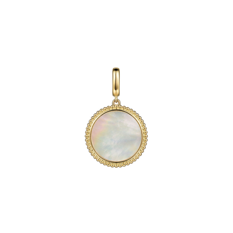 GABRIEL & CO BUJUKAN COLLECTION 14K YELLOW GOLD BEADED DISC PENDANT WITH ONE = 2.71CT ROUND MOTHER OF PEARL    (3.31 GRAMS)