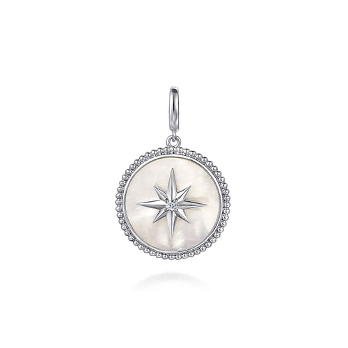GABRIEL & CO BUJUKAN COLLECTION STERLING SILVER STARBURST MEDALLION PENDANT WITH ONE = 4.80CT ROUND MOTHER OF PEARL AND ONE = 0.07CT ROUND WHITE SAPPHIRE   (4.79 GRAMS)