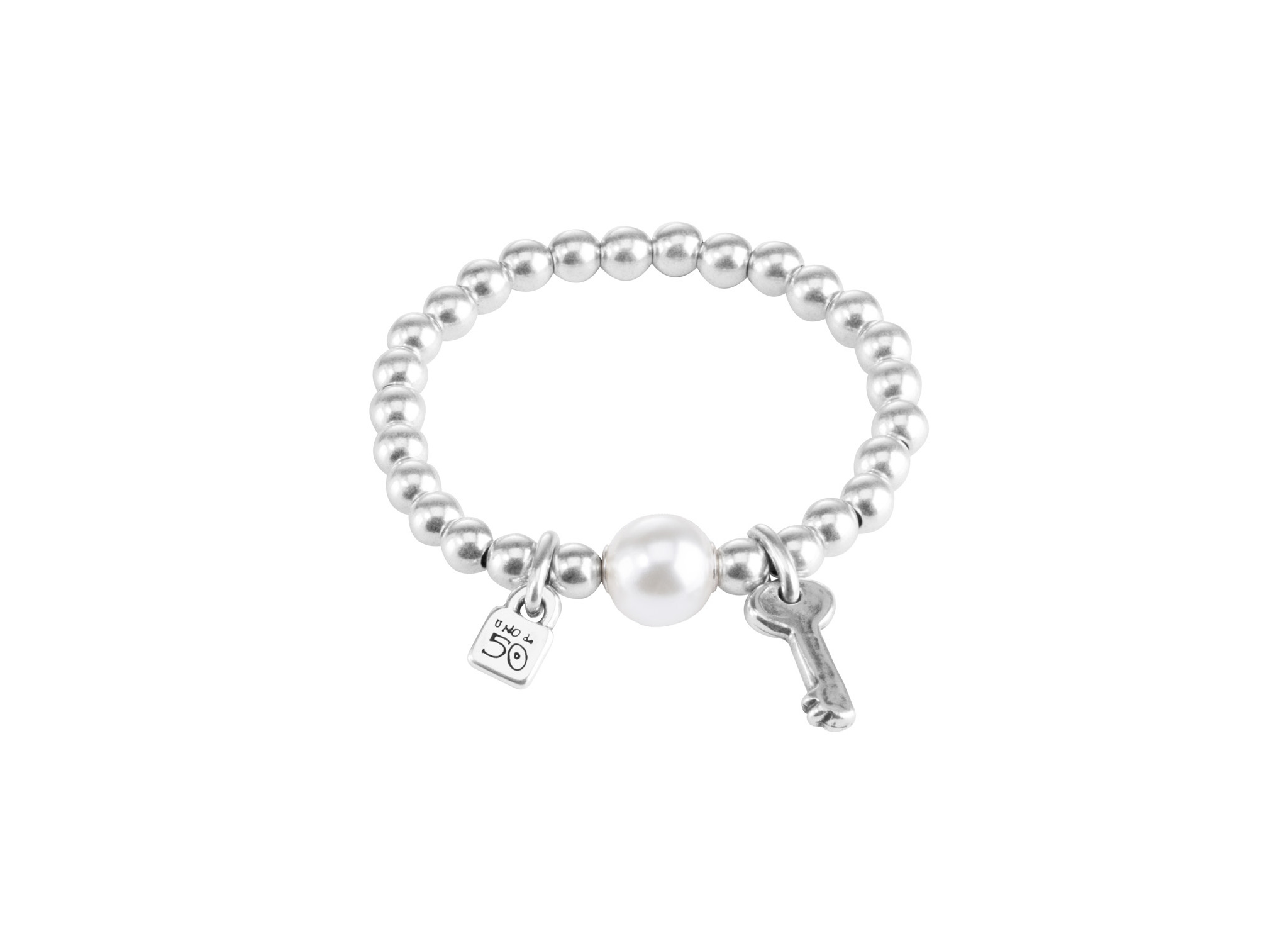 UNODE50 SILVER PLATED PEARL AND KEY BEADED BRACELET SIZE MEDIUM
