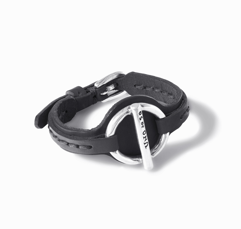 UNODE50 PLUG ON BLACK LEATHER & SILVER PLATED BRACELET SIZE: MEDIUM