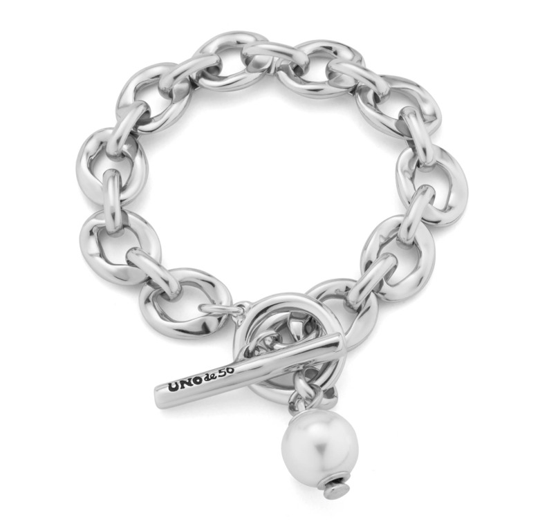 UNODE50 YOLO OVAL LINK SILVER PLATED FASHION BRACELET SIZE MEDIUM WITH PEARL