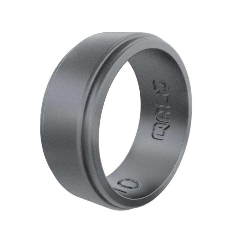 QALO MEN'S GREY STEEL POLISHED STEP EDGE SILICONE RING SIZE 11