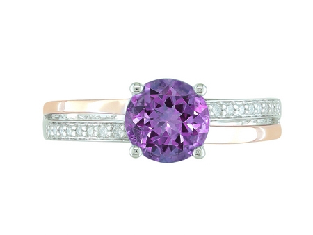 14K WHITE & ROSE GOLD SPLIT SHANK RING SIZE 7 WITH ONE = 1.28CT ROUND AMETHYST AND 16 = 0.09TW ROUND H SI2-I1 DIAMONDS  (3.69 GRAMS)