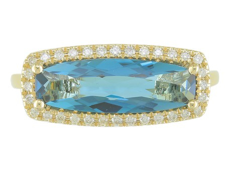 14K YELLOW GOLD HALO RING SIZE 7 WITH ONE = 2.29CT ELONGATED CUSHION LONDON BLUE TOPAZ AND 32 = 0.14TW ROUND H SI2 DIAMONDS   (3.14 GRAMS)
