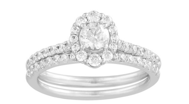 14K WHITE GOLD HALO WEDDING SET SIZE 6.5 WITH ONE 0.36CT ROUND I SI2 DIAMOND AND 45=0.58TW ROUND H-I SI2-I1 DIAMONDS