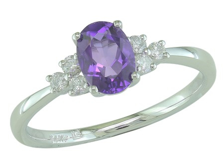 14K WHITE GOLD RING SIZE 7 WITH ONE = 0.70CT OVAL AMETHYST AND 6 = 0.11TW ROUND H SI1 DIAMONDS  (2.13 GRAMS)