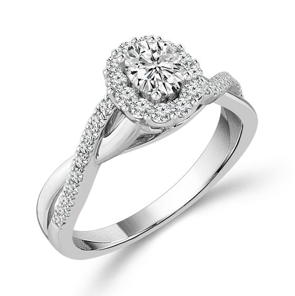 14K WHITE GOLD HALO ENGAGEMENT RING SIZE 7 WITH ONE 0.25CT OVAL G-H I1 DIAMOND AND 32=0.25TW ROUND G-H I1 DIAMONDS   (3.35 GRAMS)