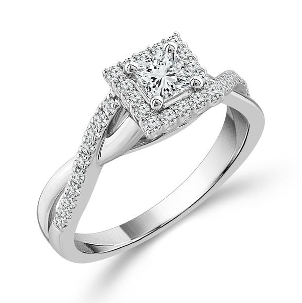 14K WHITE GOLD HALO ENGAGEMENT RING SIZE 7 WITH ONE 0.25CT PRINCESS G-H I1 DIAMOND AND 36=0.25TW ROUND G-H I1 DIAMONDS   (3.61 GRAMS)
