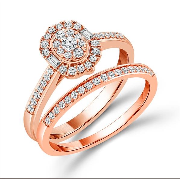 10K ROSE GOLD CLUSTER WEDDING SET SIZE 7 WITH 56=0.40TW VARIOUS SHAPES (54 ROUNDS & 2 BAGUETTES) G-H I1-I2 DIAMONDS   (4.28 GRAMS)