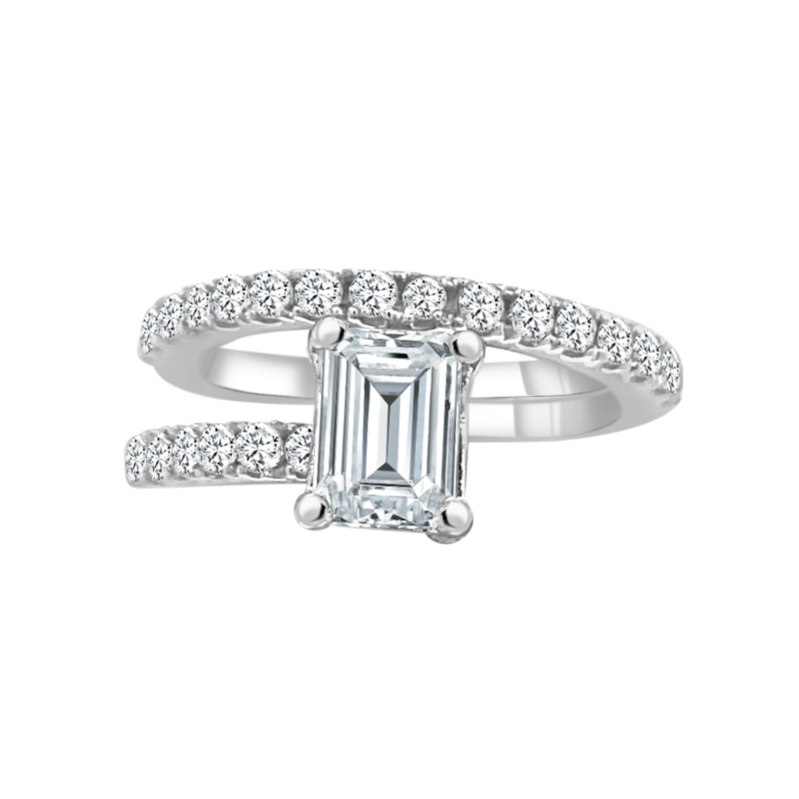 14K WHITE GOLD SPLIT STYLE DIAMOND FASHION RING SIZE 7 WITH ONE = 0.25CT EMERALD G SI1 DIAMOND AND 27 = 0.29TW ROUND G-H SI2 DIAMONDS  (3.26 GRAMS)