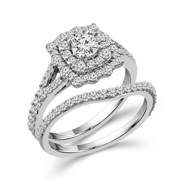 14K WHITE GOLD DOUBLE HALO WEDDING SET SIZE 7 WITH ONE 0.40CT ROUND G-H I1-I2 DIAMOND AND 86=0.85TW ROUND G-H I1-I2 DIAMONDS   (ER - 4.56 GRAMS  WB - 1.81 GRAMS)