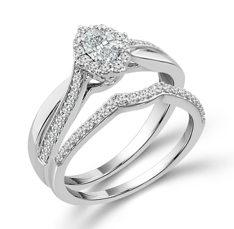 10K WHITE GOLD HALO WEDDING SET SIZE 7 WITH ONE 0.20CT OVAL G-H I1 DIAMOND AND 57=0.30TW ROUND G-H I1-I2 DIAMONDS   (4.67 GRAMS)
