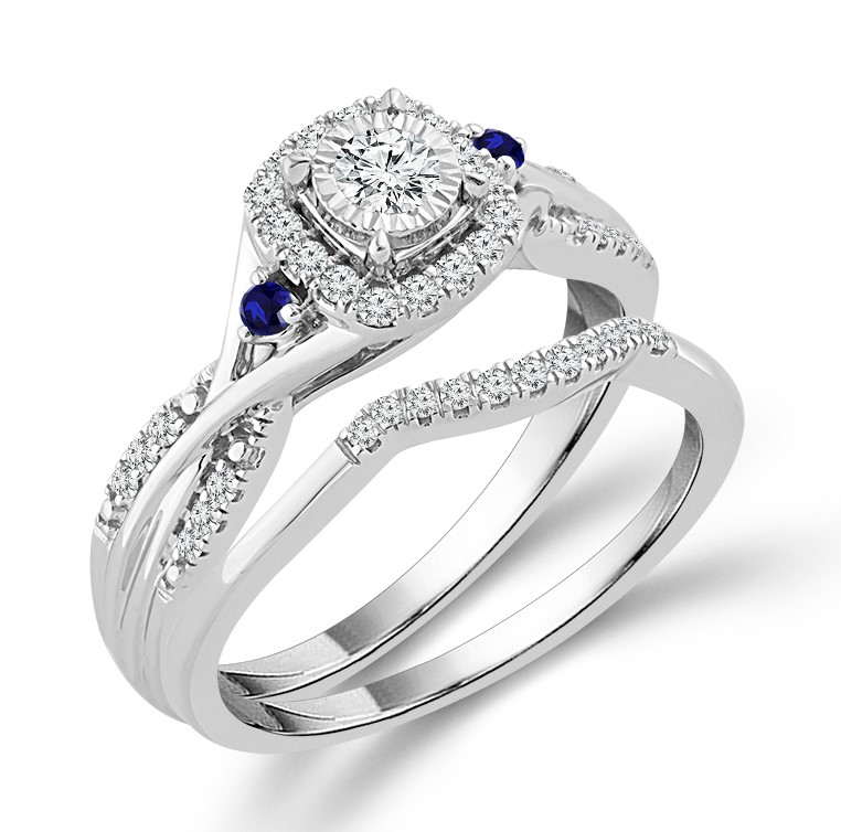 10K WHITE GOLD HALO WEDDING SET SIZE 7 WITH 42=0.33TW ROUND G-H I1 DIAMONDS AND 2=0.04TW ROUND BLUE SAPPHIRES   (5.04 GRAMS)