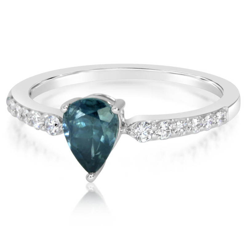 14K WHITE GOLD RING SIZE 7 WITH ONE 0.59CT PEAR AQUA AND 12=0.16TW ROUND H-I SI2 DIAMONDS   (2.32 GRAMS)