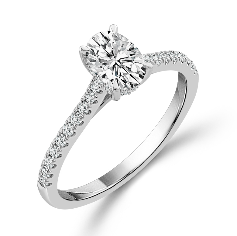 14K WHITE GOLD HIDDEN HALO ENGAGEMENT RING SIZE 7 WITH ONE 0.50CT OVAL G-H I1 DIAMOND AND 30=0.26TW ROUND G-H I1 DIAMONDS  (3.08 GRAMS)