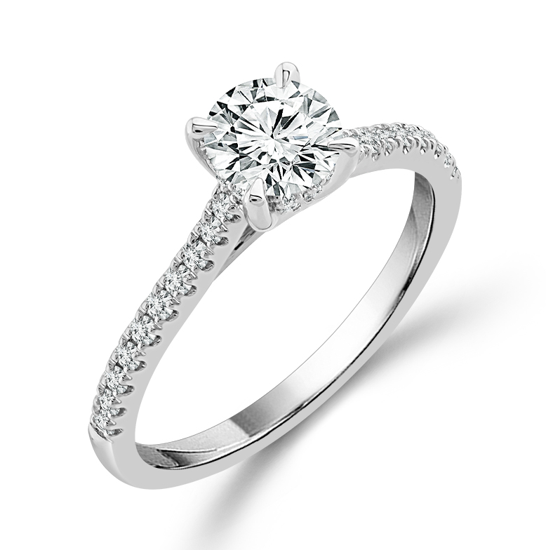14K WHITE GOLD HIDDEN HALO ENGAGEMENT RING SIZE 7 WITH ONE 0.50CT ROUND G-H I1 DIAMOND AND 28=0.25TW ROUND G-H I1 DIAMONDS   (3.08 GRAMS)