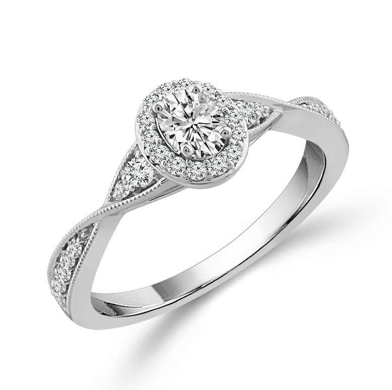 14K WHITE GOLD MILGRAIN HALO ENGAGEMENT RING SIZE 7 WITH ONE 0.50CT OVAL G-H I1 DIAMOND AND 28=0.28TW ROUND G-H I1 DIAMONDS  (3.85 GRAMS)