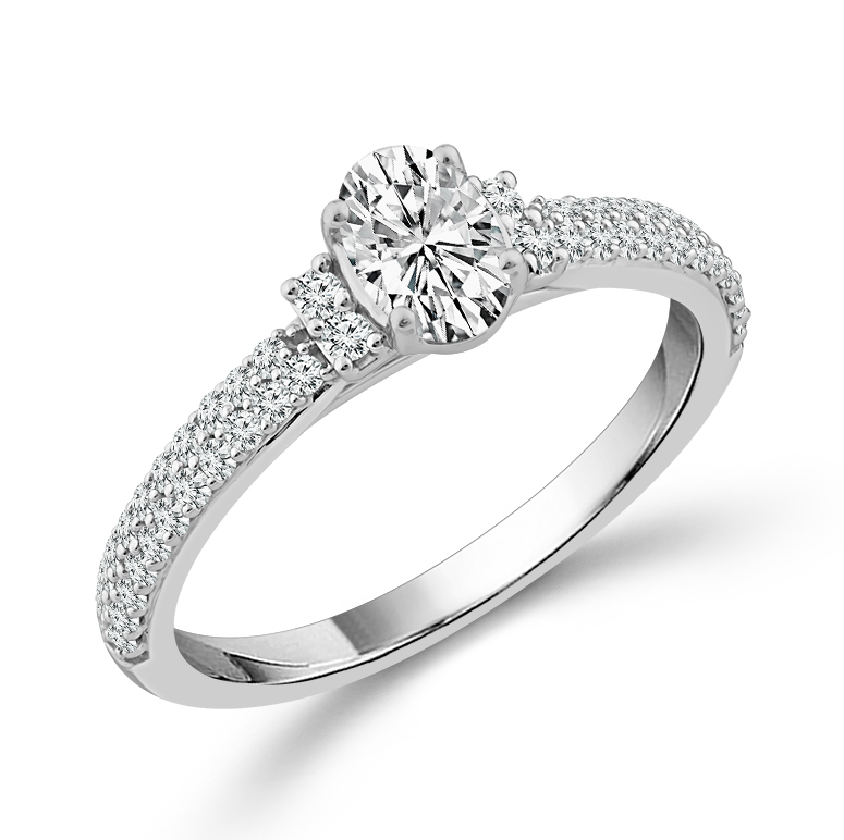 14K WHITE GOLD PAVE ENGAGEMENT RING SIZE 7 WITH ONE 0.50CT OVAL G-H I1 DIAMOND AND 48=0.25TW ROUND G-H I1 DIAMONDS  (3.12 GRAMS)