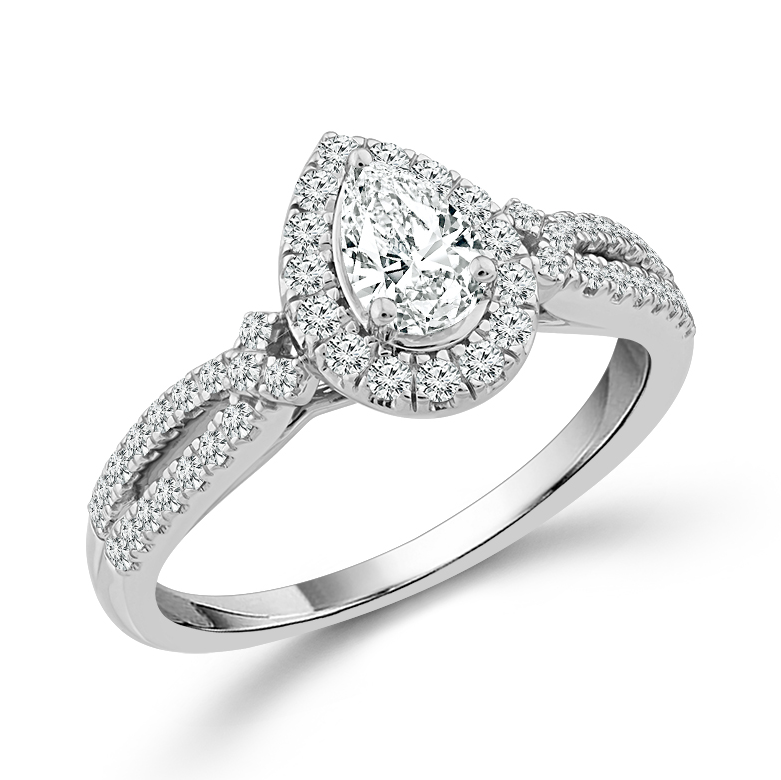 14K WHITE GOLD HALO ENGAGEMENT RING SIZE 7 WITH ONE 0.33CT PEAR G-H I1 DIAMOND AND 49=0.30TW ROUND G-H I1 DIAMONDS  (4.03 GRAMS)