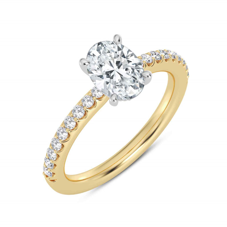14K YELLOW & WHITE GOLD PRONG SET SEMI-MOUNT RING SIZE 7 WITH 24 = 0.23TW ROUND F-G VS2 DIAMONDS IN MOUNTING AND 12 = 0.06TW ROUND F-G VS2 DIAMONDS IN CROWN