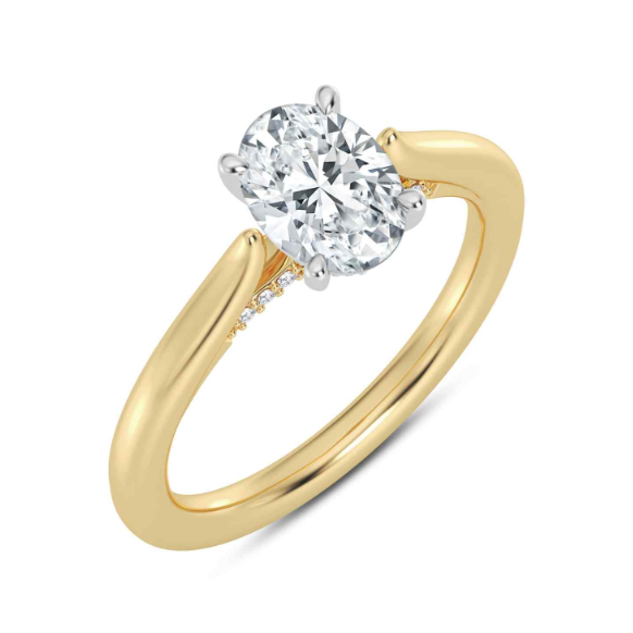 14K YELLOW & WHITE GOLD HIDDEN HALO SEMI-MOUNT RING SIZE 7 WITH 12 = 0.06TW ROUND F-G VS2 DIAMONDS AND 18 = 0.07TW ROUND F-G VS2 DIAMONDS   (3.85 GRAMS)