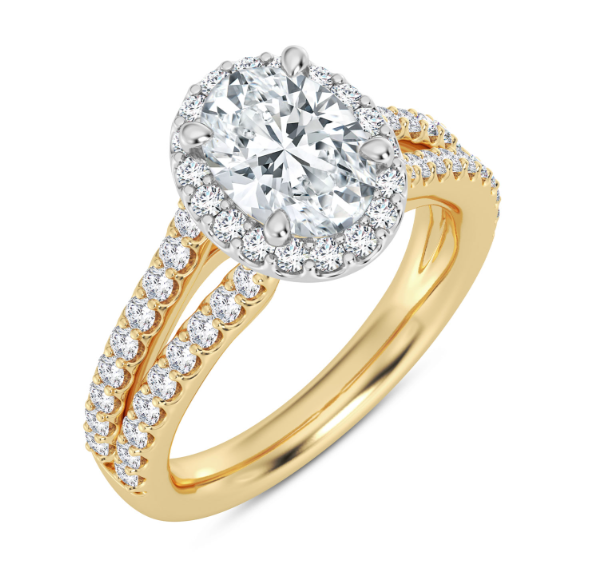14K YELLOW & WHITE GOLD HALO SEMI-MOUNT RING SIZE 7 WITH 20 = 0.23TW ROUND F-G VS2 DIAMONDS AND 42 = 0.45TW ROUND F-G VS2 DIAMONDS  (6.94 GRAMS)