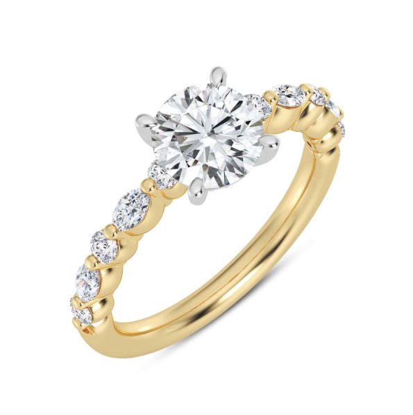 14K YELLOW & WHITE GOLD SHARED PRONG SEMI-MOUNT RING SIZE 7 WITH 12 = 0.05TW ROUND F-G VS2 DIAMONDS AND 16 = 0.32TW VARIOUS SHAPES F-G VS2 DIAMONDS  (3.92 GRAMS)
