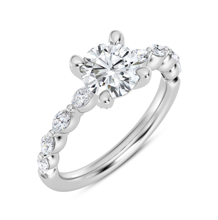 MOZE 14K WHITE GOLD HIDDEN HALO SEMI-MOUNT RING SIZE 7 WITH 14=0.34TW VARIOUS SHAPES (8 MARQUIS & 6 ROUNDS) F-G VS2 DIAMONDS AND 28=0.12TW ROUND F-G VS2 DIAMONDS   (3.95 GRAMS)