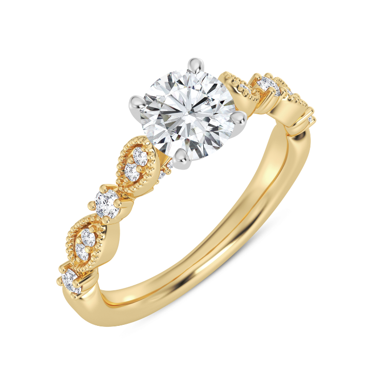 14K YELLOW & WHITE GOLD MILGRAIN SEMI-MOUNT RING SIZE 7 WITH 26=0.24TW ROUND F-G VS2 DIAMONDS   (4.41 GRAMS)