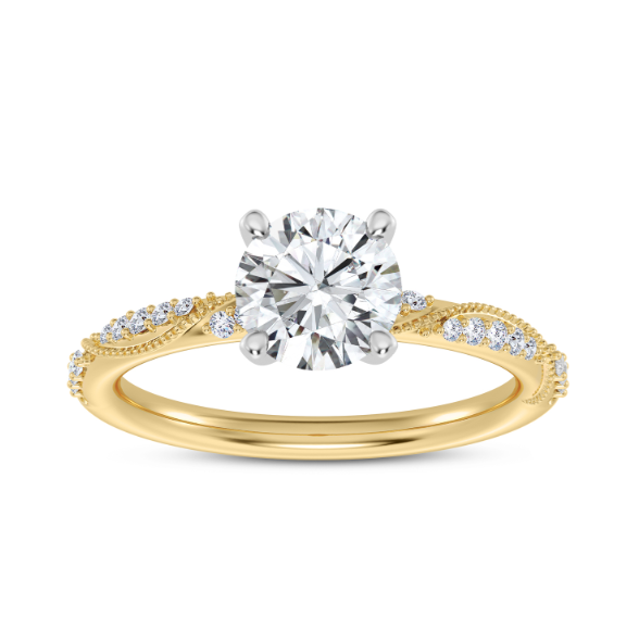 MOZE 14K YELLOW & WHITE GOLD MILGRAIN SEMI-MOUNT RING SIZE 7 WITH 20 = 0.12TW ROUND F-G VS2 DIAMONDS   (3.14 GRAMS)