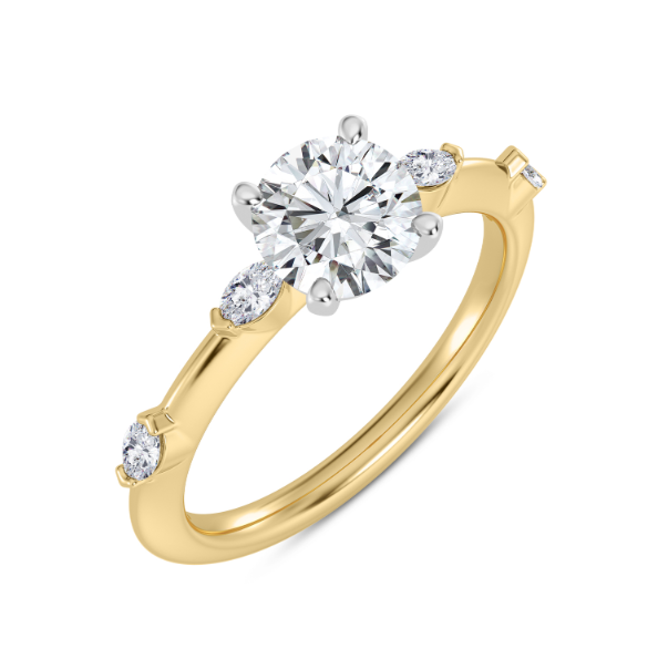 14K YELLOW & WHITE GOLD SINGLE PRONG SEMI-MOUNT RING SIZE 7 WITH 4 = 0.15TW MARQUISE F-G VS2 DIAMONDS   (2.92 GRAMS)