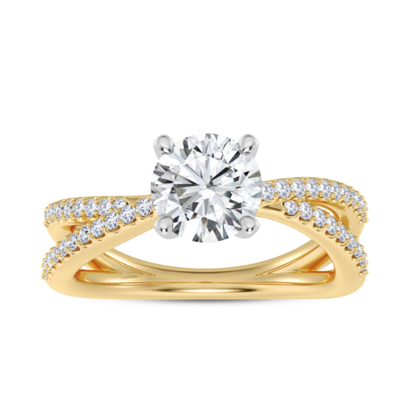 MOZE 14K YELLOW & WHITE GOLD SPLIT SHANK SEMI-MOUNT RING SIZE 7 WITH 48 = 0.25TW ROUND F-G VS2 DIAMONDS   (4.88 GRAMS)