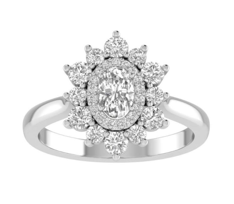 14K WHITE GOLD DOUBLE HALO ENGAGEMENT RING SIZE 7 WITH ONE 0.50CT OVAL I SI1 DIAMOND AND 36=0.45TW ROUND G-H SI2 DIAMONDS   (3.41 GRAMS)