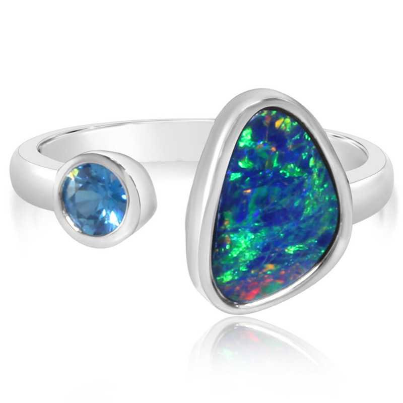 14K WHITE GOLD BEZEL RING SIZE 7 WITH ONE 1.33CT FREEFORM AUSTRALIAN OPAL DOUBLET AND ONE 0.36CT ROUND BLUE ZIRCON   (3.72 GRAMS)