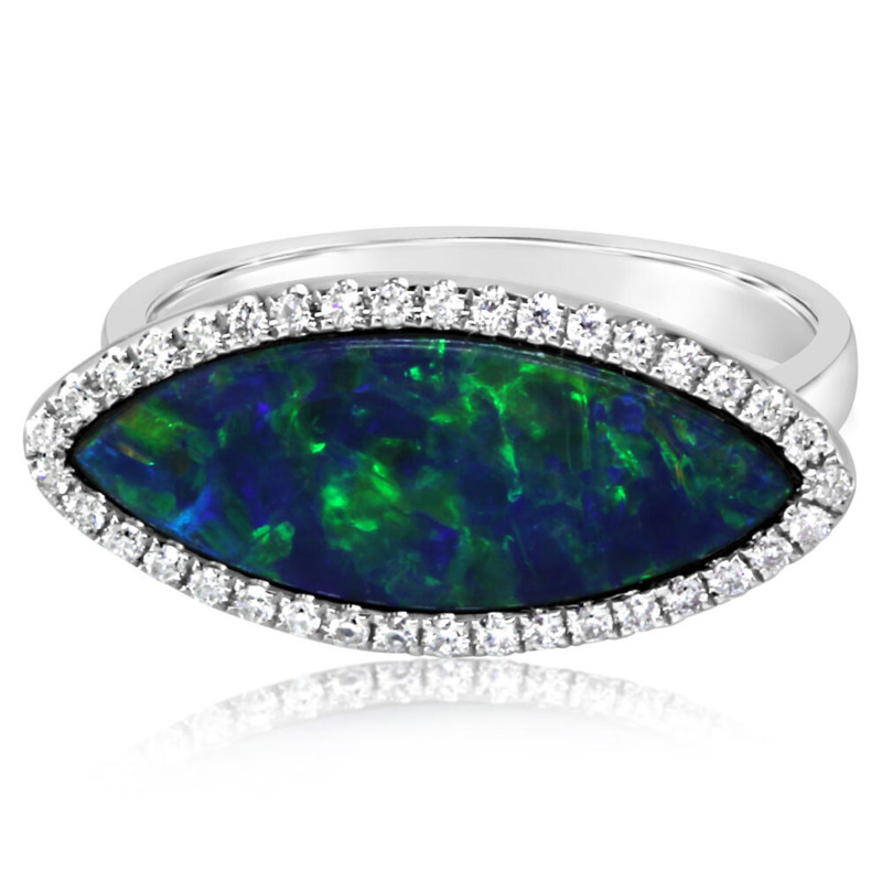 14K WHITE GOLD HALO RING SIZE 7 WITH ONE 2.85CT MARQUISE OPAL AND 37=0.22TW ROUND H-I SI2 DIAMONDS   (4.41 GRAMS)