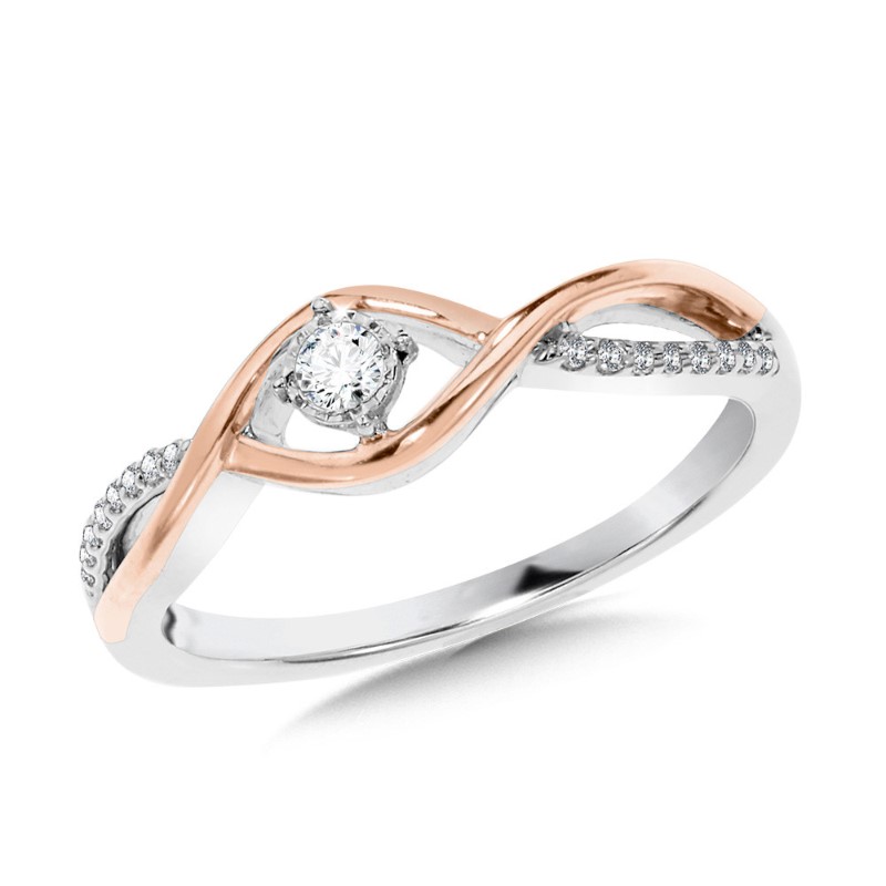 STERLING SILVER & ROSE GOLD TWIST RING SIZE 7 WITH 15=0.10TW SINGLE CUT H-I I1-I2 DIAMONDS   (2.26 GRAMS)
