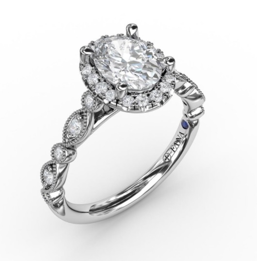 14 KARAT WHITE GOLD HALO SEMI-MOUNT RING SIZE 6.5 WITH 30=0.29TW ROUND G-H COLOR VS2-SI1 CLARITY DIAMONDS AND ONE ROUND BLUE SAPPHIRE   (4.34 GRAMS)