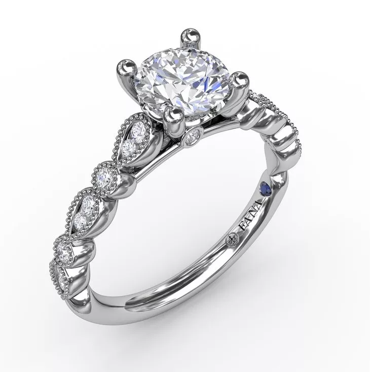 14K WHITE GOLD MILGRAIN SEMI-MOUNT RING SIZE 6.5 WITH 18=0.19TW ROUND G-H VS2-SI1 DIAMONDS AND ONE ROUND BLUE SAPPHIRE