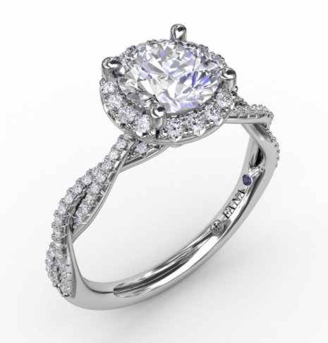 14K WHITE GOLD HALO SEMI-MOUNT RING SIZE 6.5 WITH 82=0.30TW ROUND G-H VS2-SI1 DIAMONDS AND ONE ROUND BLUE SAPPHIRE
