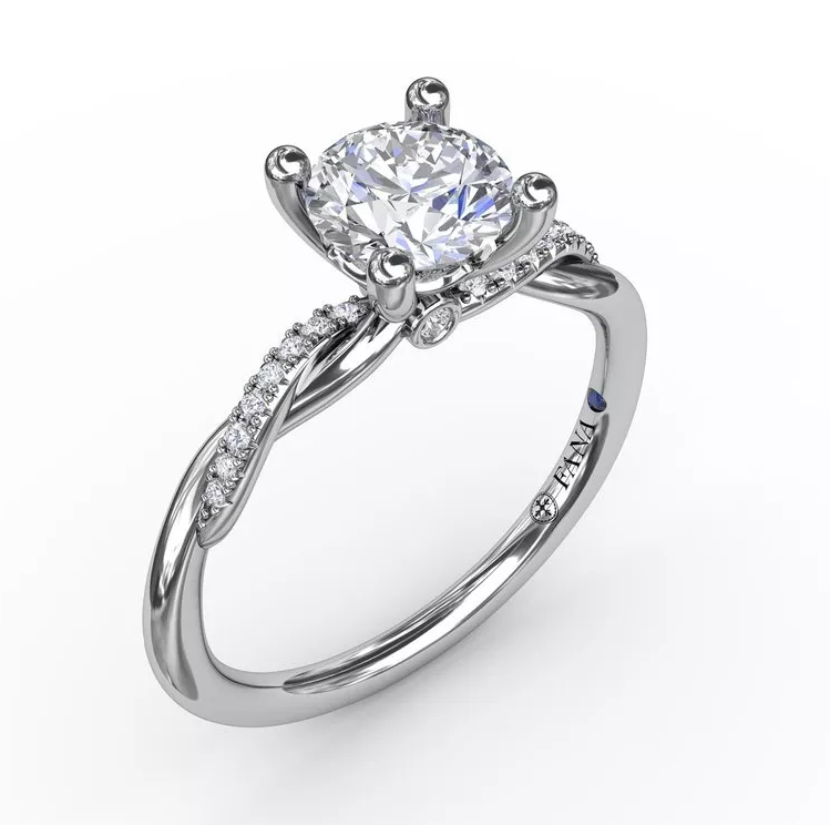 14K WHITE GOLD TWIST SEMI-MOUNT RING SIZE 6.5 WITH 18=0.07TW ROUND G-H VS2-SI1 DIAMONDS AND ONE ROUND BLUE SAPPHIRE