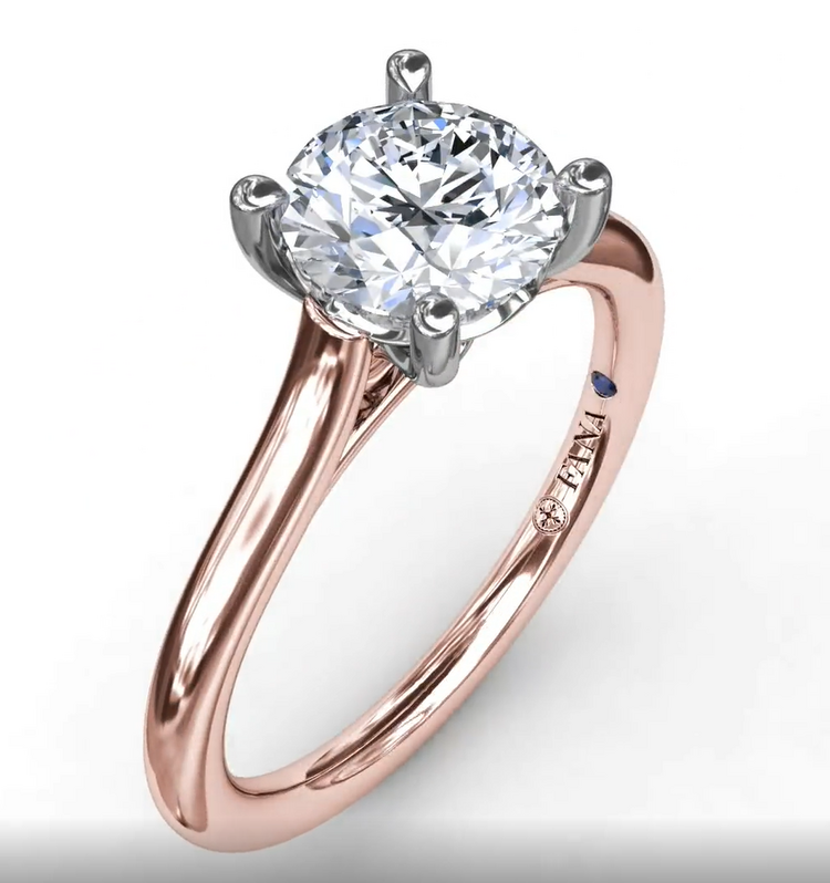 14K WHITE & ROSE GOLD SOLITAIRE SEMI-MOUNT RING SIZE 6.5 WITH 2=0.02TW ROUND G-H VS2-SI1 DIAMONDS AND ONE ROUND BLUE SAPPHIRE   (3.40 GRAMS)