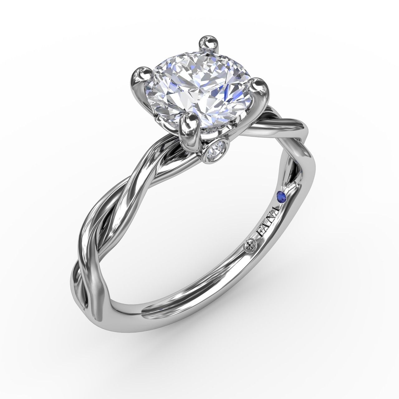 14K WHITE GOLD TWIST SEMI-MOUNT RING SIZE 6.5 WITH 2=0.02TW ROUND G-H VS2-SI1 DIAMONDS AND ONE ROUND BLUE SAPPHIRE   (2.90 GRAMS)