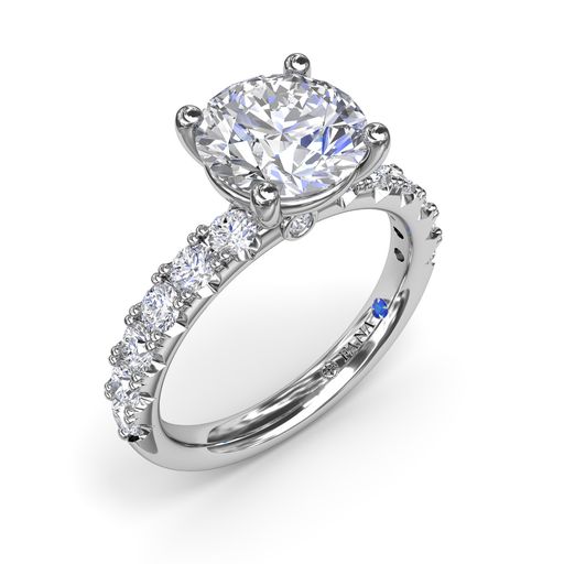 14K WHITE GOLD SEMI-MOUNT RING SIZE 6.5 WITH 14=0.70TW ROUND G-H VS2-SI1 DIAMONDS AND ONE ROUND BLUE SAPPHIRE  (4.33 GRAMS)