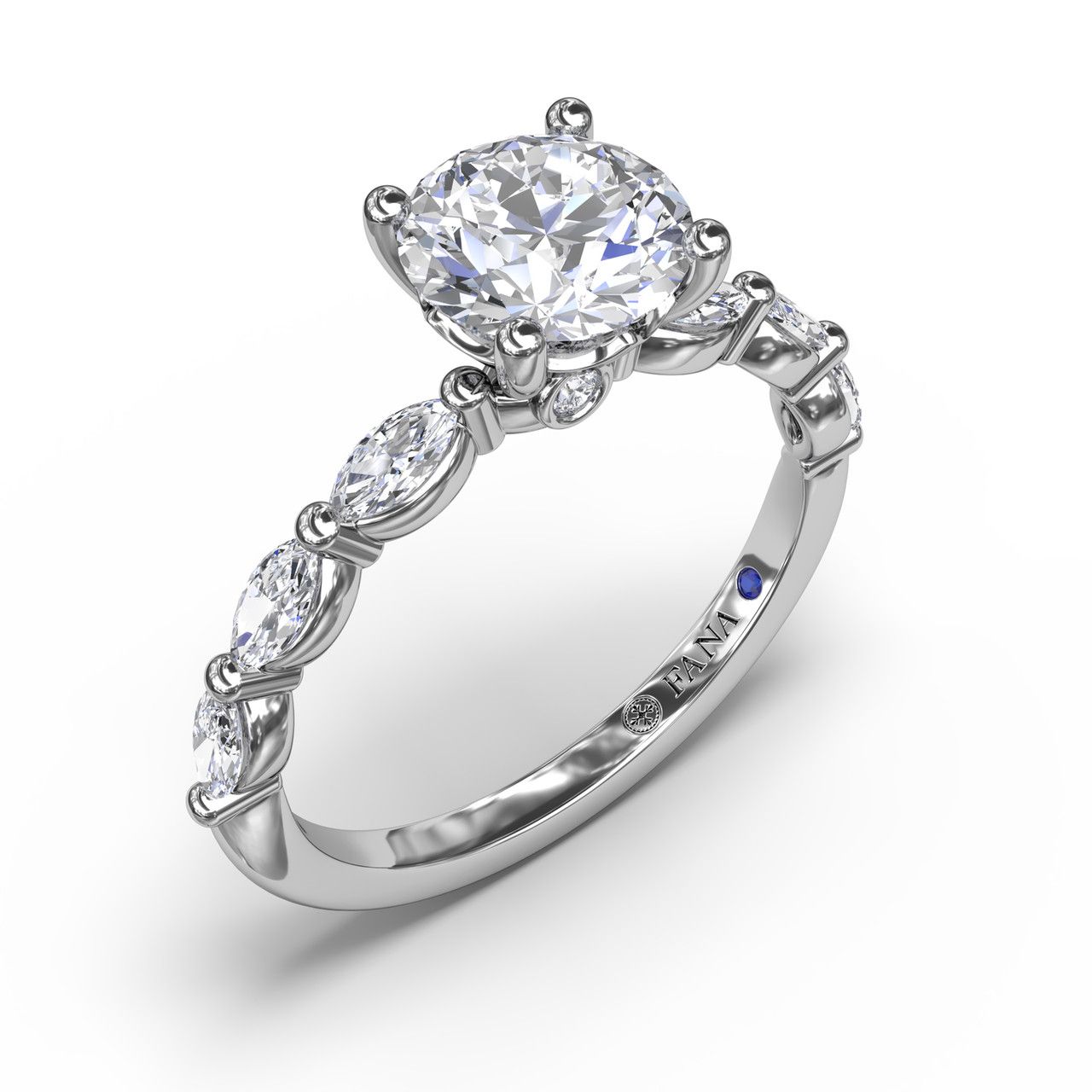 14K WHITE GOLD SHARED PRONG SEMI-MOUNT RING SIZE 6.5 WITH 6=0.61TW MARQUISE G-H VS2-SI1 DIAMONDS AND 2=0.02TW ROUND G-H VS2-SI1 DIAMONDS AND ONE ROUND BLUE SAPPHIRE   (2.61 GRAMS)