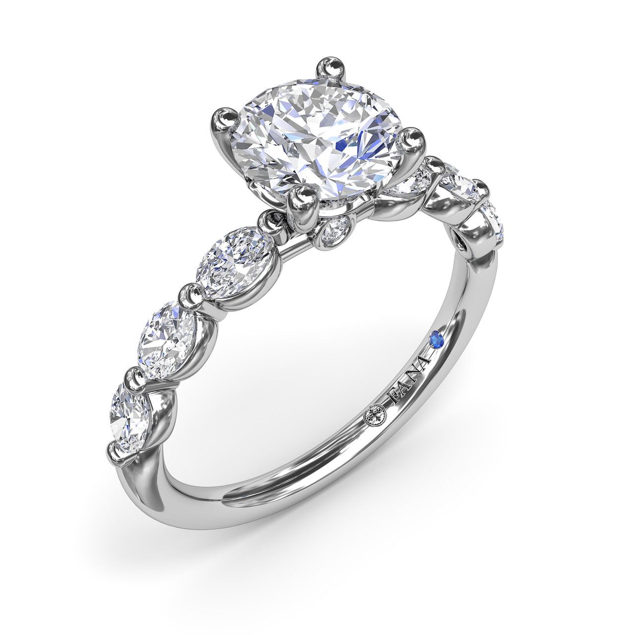 14K WHITE GOLD SHARED PRONG SEMI-MOUNT RING SIZE 6.5 WITH 6=0.93TW MARQUISE G-H VS2-SI1 DIAMONDS AND 2=0.02TW ROUND G-H VS2-SI1 DIAMONDS AND ONE ROUND BLUE SAPPHIRE   (2.62 GRAMS)